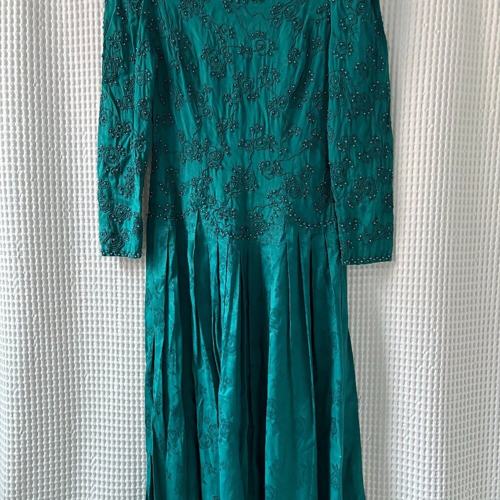 Vtg Marie St. Claire 1980s teal rayon beaded drop-waist tonal floral dress sz 8